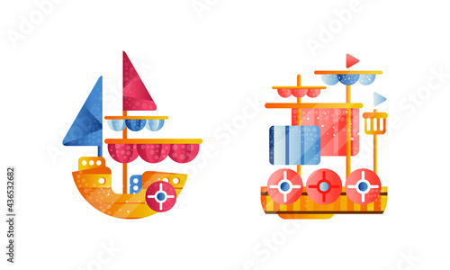 Set of Sailing Ships, Ocean or Marine Transport Flat Vector Illustration
