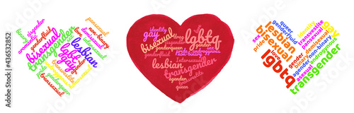Colorful Rainbow Pride Heart Shape Tagcloud Isolated on White Background. Illustration with Words