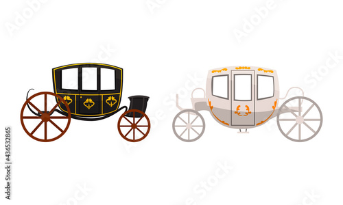 Vintage Brougham Set, Ancient Carriage for People Transportation Flat Vector Illustration