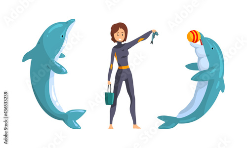Dolphinarium Trainer Feeding Dolphin with Fish, Dolphinarium or Oceanarium Concept Cartoon Vector Illustration