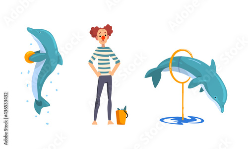 Clown Training Dolphins in Dolphinarium or Oceanarium Cartoon Vector Illustration
