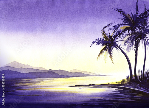 Fototapeta Naklejka Na Ścianę i Meble -  Exotic watercolor landscape of soft night at seashore. Sea bay with blurry mountains on one side and dark silhouettes of palms on the other. Calm water surface reflects soft shine of rising sun