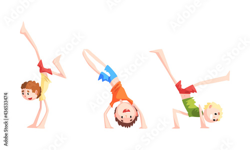Cute Boys Practicing Martial Arts Set, Kid Standing Upside Down Cartoon Vector Illustration