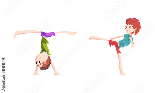 Cute Boys Practicing Capoeira Set, Kid Doing Martial Art Elements Cartoon Vector Illustration