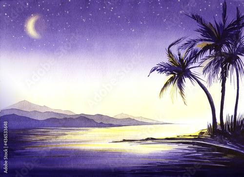 Tropical watercolor landscape of starry night at seashore. Sea bay with blurry mountains on one side and dark silhouettes of tall palms on the other. Moon casts shining reflections on water surface