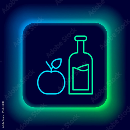Glowing neon line Apple cider bottle icon isolated on black background. Beverage glass bottle. Colorful outline concept. Vector