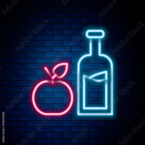 Glowing neon line Apple cider bottle icon isolated on brick wall background. Beverage glass bottle. Colorful outline concept. Vector