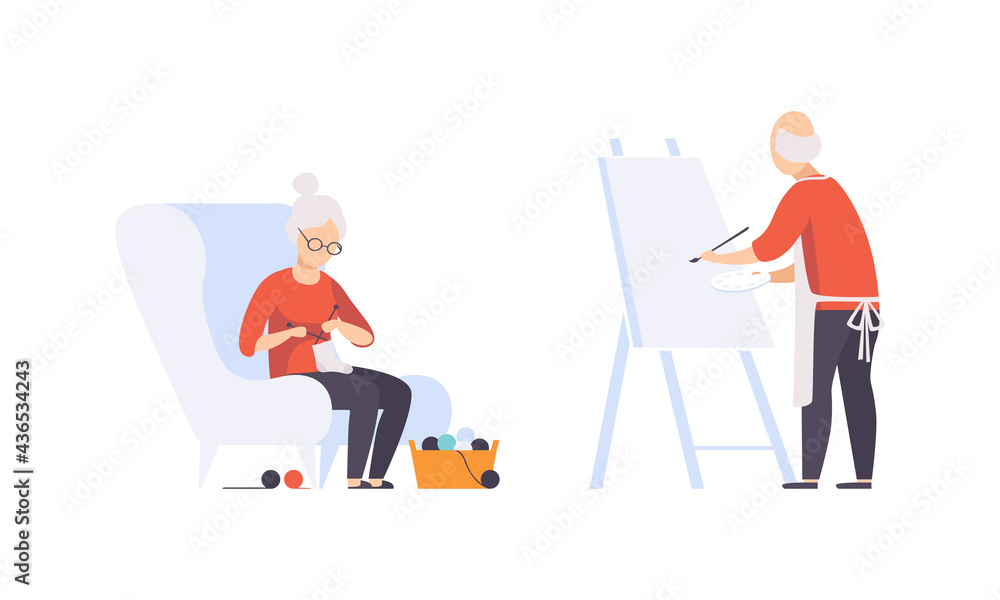 Elderly People Hobbies Set, Senior Man Painting on Canvas and Senior Woman Knitting, Active Lifestyle Concept Flat Vector Illustration Elderly People Hobbies Set, Senior Man Painting on Canvas and Senior Woman Knitting, Active Lifestyle Concept Flat Vector Illustration