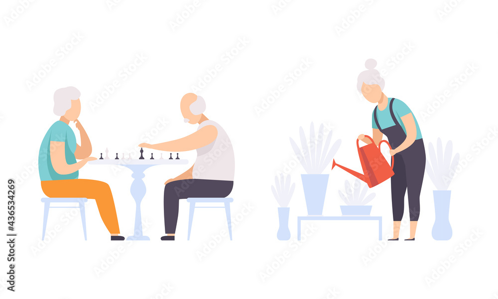 Elderly People Hobbies Set, Senior Man Playing Chess and Senior Woman Watering Flowers, Active Lifestyle Concept Flat Vector Illustration