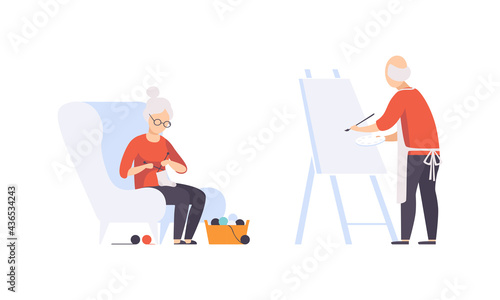 Elderly People Hobbies Set, Senior Man Painting on Canvas and Senior Woman Knitting, Active Lifestyle Concept Flat Vector Illustration