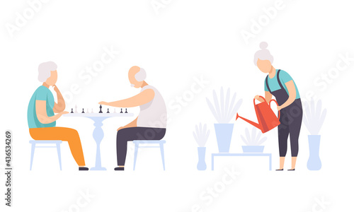 Elderly People Hobbies Set, Senior Man Playing Chess and Senior Woman Watering Flowers, Active Lifestyle Concept Flat Vector Illustration