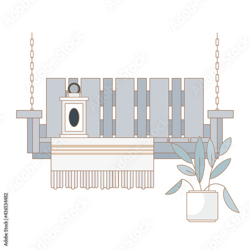 Wooden porch swing. Vector swing bench for outdoor, garden and patio