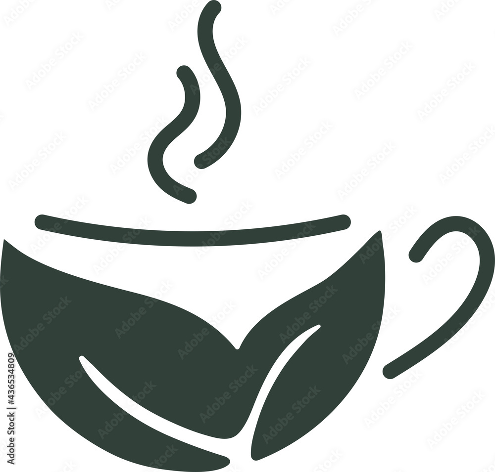 Flat simple symbol icon nature logo of coffee cup or hot tea made of leaves. Vector design. One colour modern style for nfographics, web design, templates on white background. Flat simple symbol icon nature logo of coffee cup or hot tea made of leaves. Vector design. One colour modern style for nfographics, web design, templates on white background.