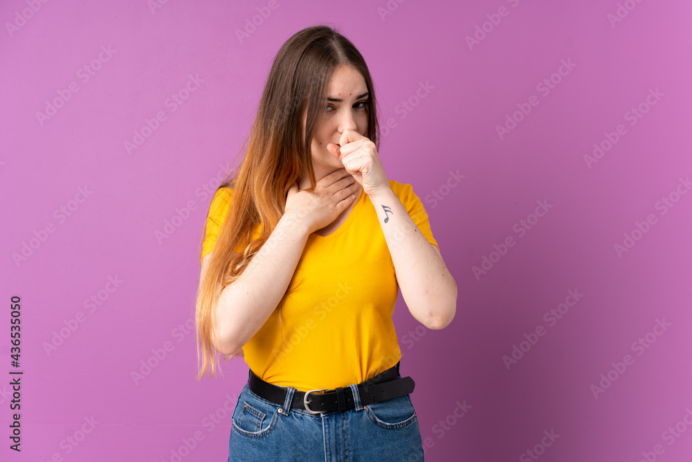 Young caucasian woman isolated on purple background coughing a lot Young caucasian woman isolated on purple background coughing a lot