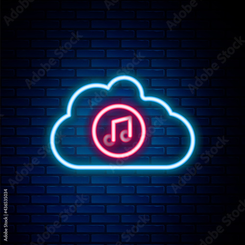 Glowing neon line Music streaming service icon isolated on brick wall background. Sound cloud computing, online media streaming, song, audio wave. Colorful outline concept. Vector