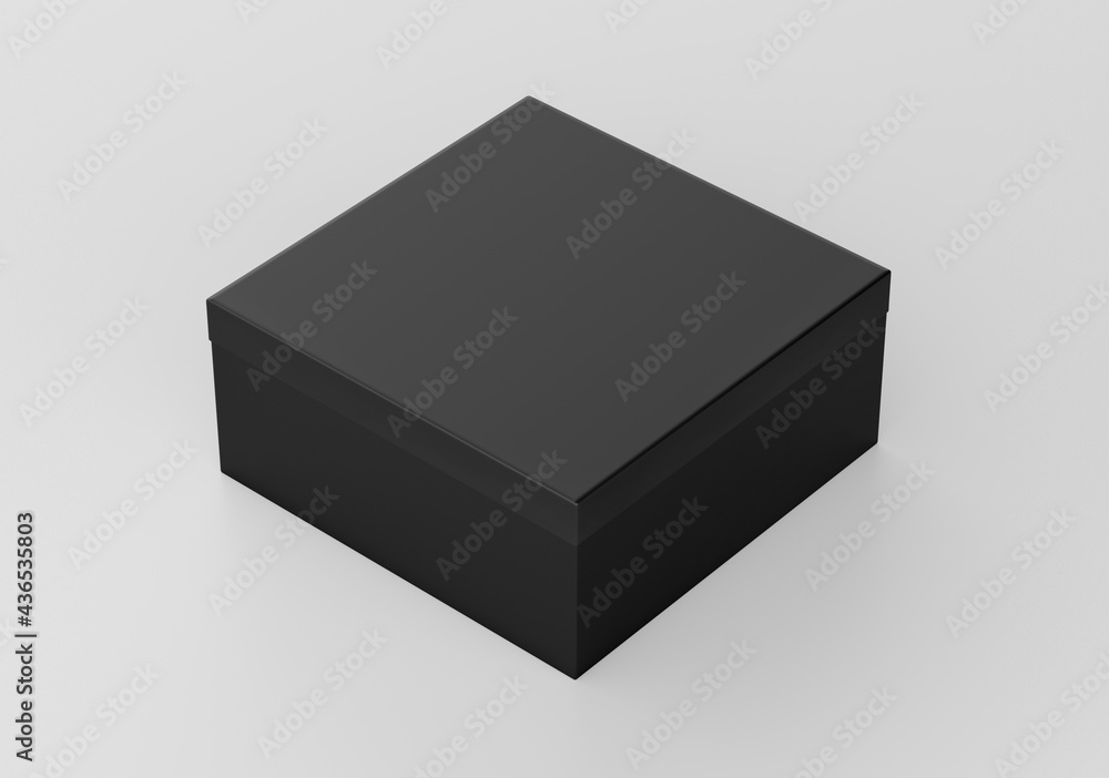Black Square Box Mockup, Dark shoe box Cardboard Container, 3d rendering isolated on light background Black Square Box Mockup, Dark shoe box Cardboard Container, 3d rendering isolated on light background
