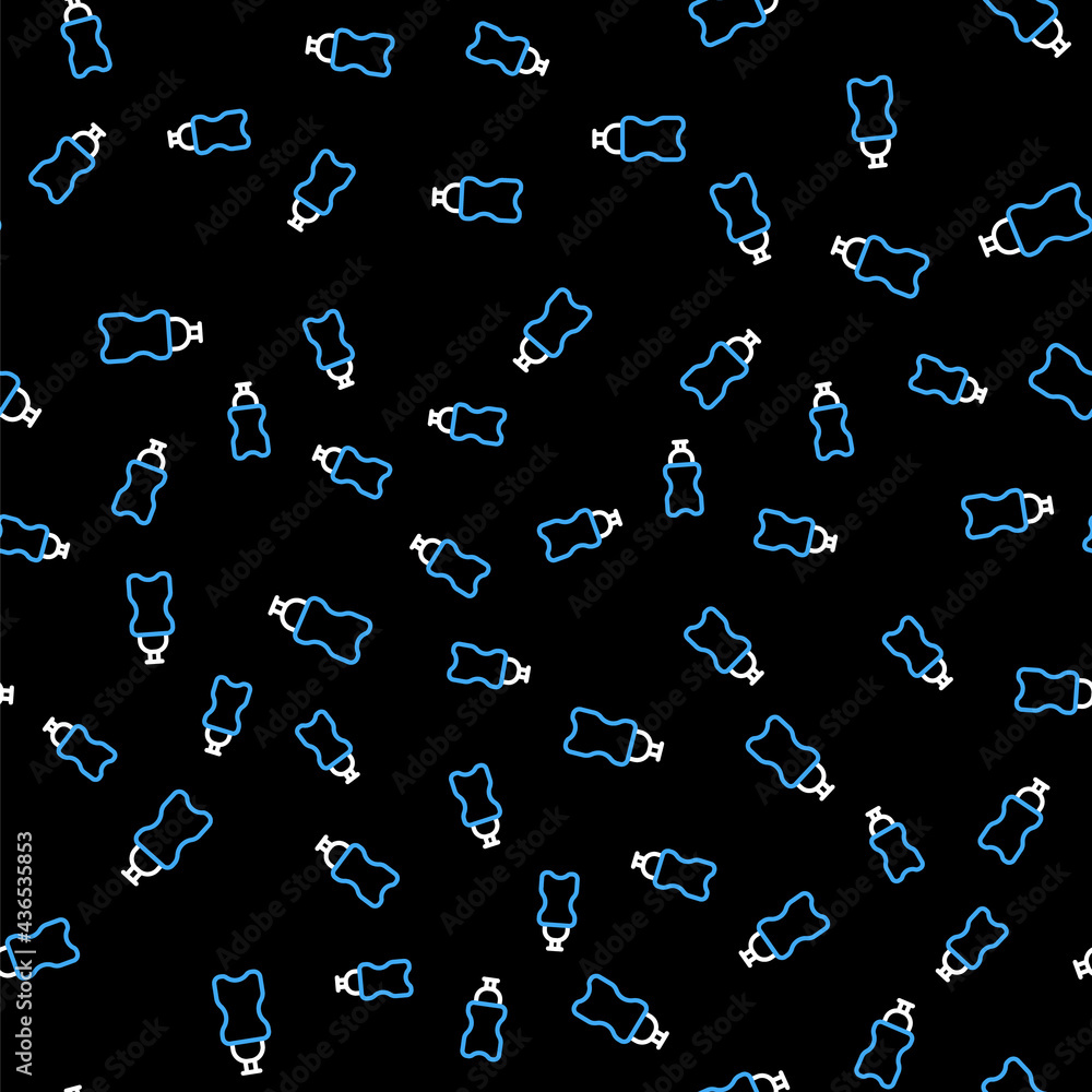 Line Sport bottle with water icon isolated seamless pattern on black background. Vector
