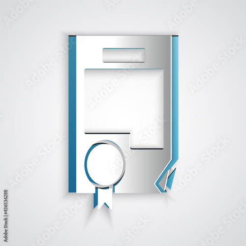 Paper cut Certificate template icon isolated on grey background. Achievement, award, degree, grant, diploma. Business success certificate. Paper art style. Vector Illustration