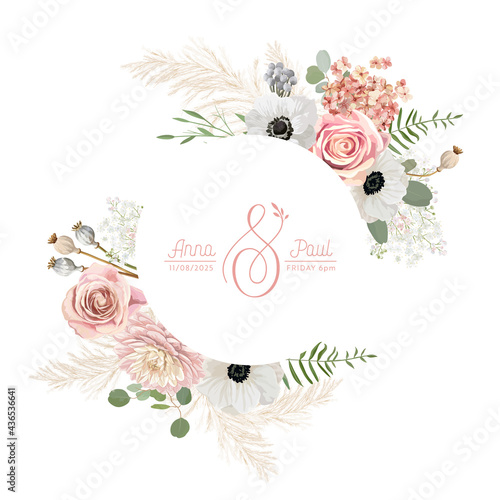 Floral wreath with watercolor dry pastel flowers, pampas grass. Vector summer vintage anemone, rose flower banner