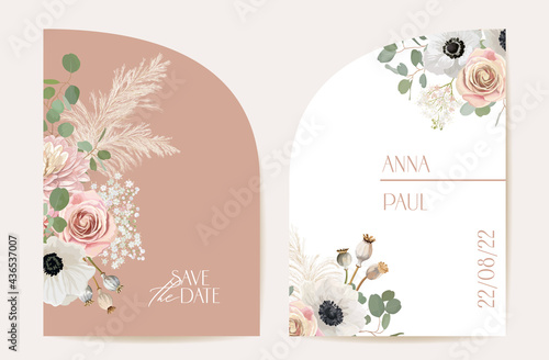 Modern minimal floral wedding vector Invitation set. Boho anemone, pampas grass, rose card template
