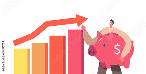 Male Character with Huge Piggy Bank in Hands Stand near Rising Arrow Chart. Man Saving and Collect Money in Thrift-box