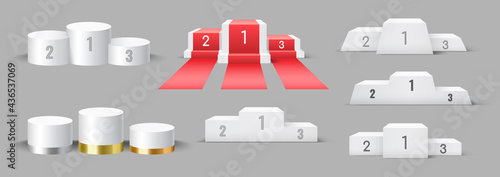 Set of realistic podiums for winner reward. Champions pedestals 3d. Tournament competition ceremony