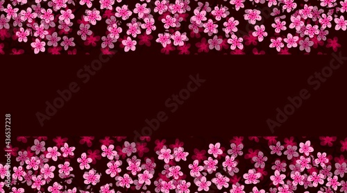 Floral greeting banner with beautiful pink blossom flowers branch Sakura.Burgundy colors Background with copy space text on Cherry Twig In Bloom. Postcard good for wedding invitation Mother Women day