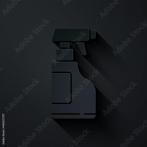 Paper cut Cleaning spray bottle with detergent liquid icon isolated on black background. Paper art style. Vector Illustration