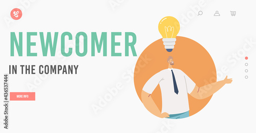 Newcomer in the Company Landing Page Template. Businessman Character in Formal Wear with Glowing Light Bulb over Head