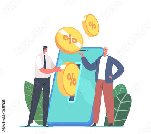 Tiny Businessman Male Character Put Money at Huge Smartphone Screen with Golden Coin Percents. Mobile Savings Account