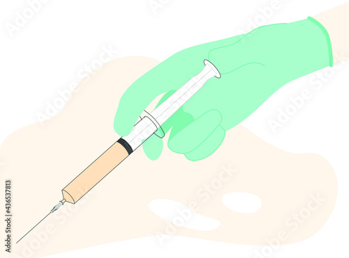 Hand with injection syringe. syringe in hand. Vaccine or insulin injection. Vaccination to prevent illness, disease. invent treatment from novel coronavirus. 