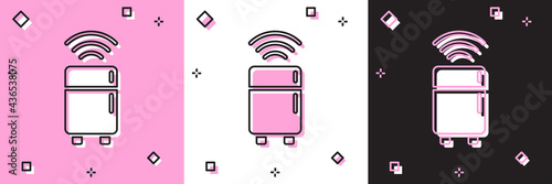 Set Smart refrigerator icon isolated on pink and white, black background. Fridge freezer refrigerator. Internet of things concept with wireless connection. Vector