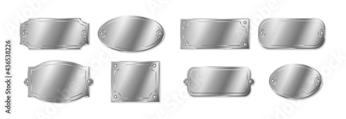 Silver name plates, template plaques. Empty mockup tags or badges for identification
