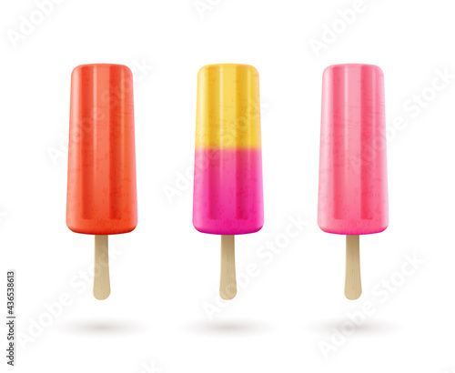 Set of fruit ice cream  frozen juice on stick  fruity popsicle. Colorful summer dessert isolated