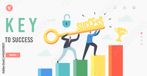 Key to Success Landing Page Template. Business Characters Team with Golden Key Climb to Financial Wealth, Career Growth