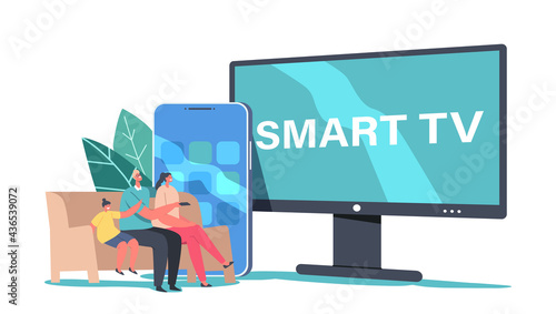 Smart Tv Digital Service Concept. Tiny Family Characters Sitting on Sofa at Home at Huge Television Set Watch Video