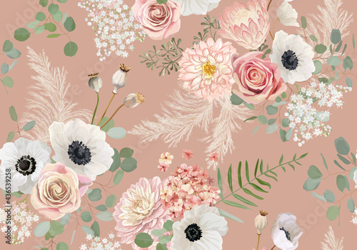 Seamless floral pattern, pastel dry flowers anemone, rose flower, eucalyptus leaves, pampas grass