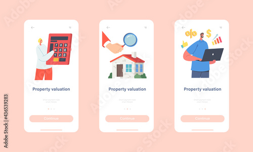 Property Valuation Mobile App Page Onboard Screen Template. Appraisers Characters doing House Inspection, Home Appraisal