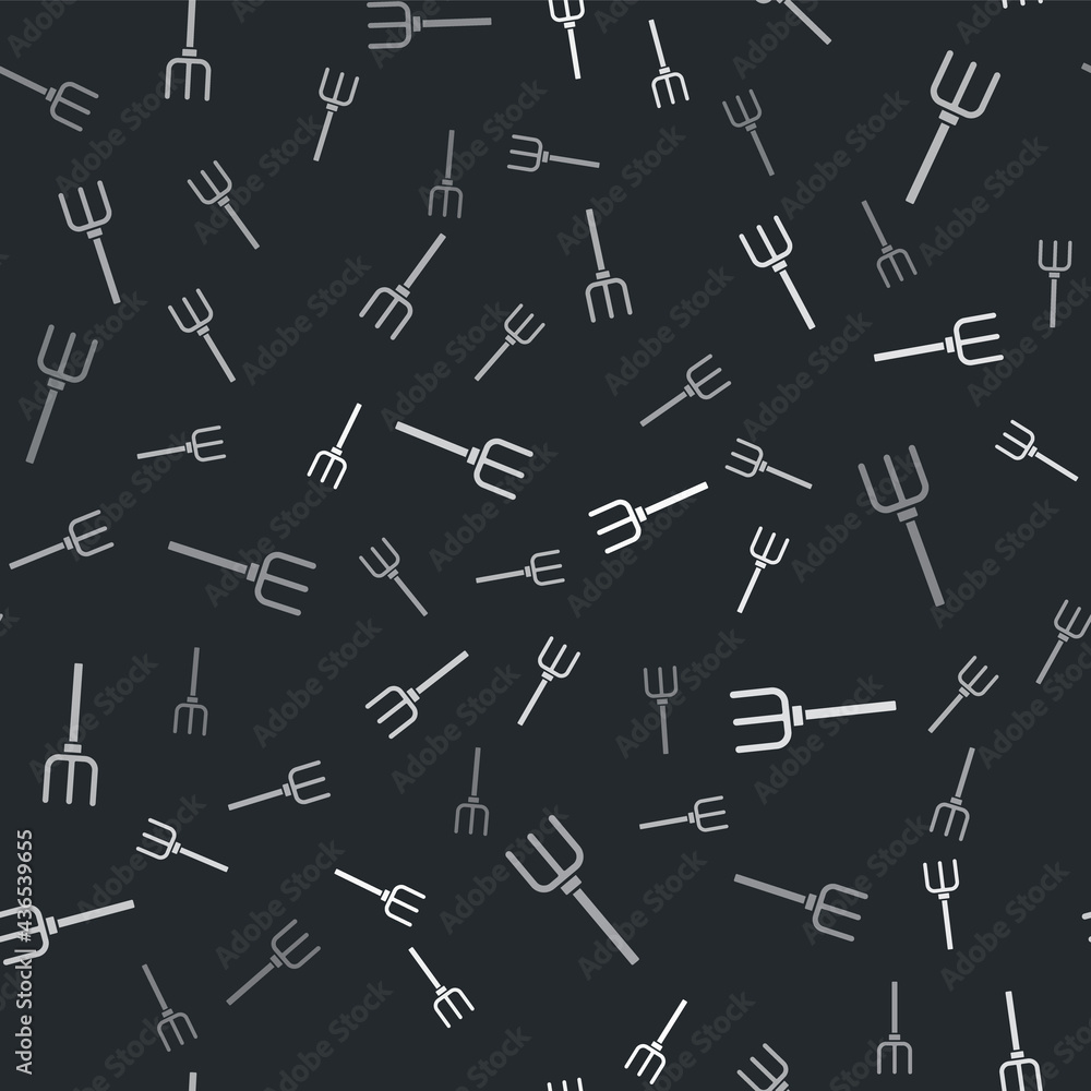 Grey Garden pitchfork icon isolated seamless pattern on black background. Garden fork sign. Tool for horticulture, agriculture, farming. Vector