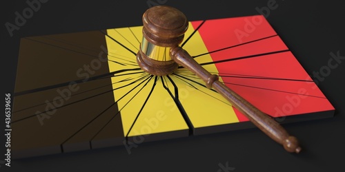 Judge's gavel and broken block with flag of Belgium. Conceptual 3d rendering