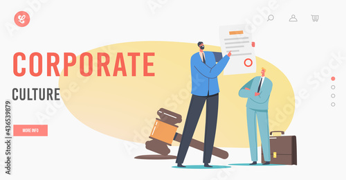 Corporate Culture Landing Page Template. Businessman Presenting Paper with Society Control Guidelines and Strategy