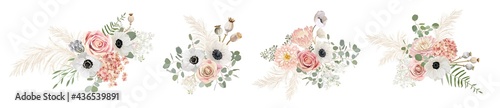 Watercolor pastel floral bouquets Designs. Vector flowers, dried anemone, wedding roses, pampas grass