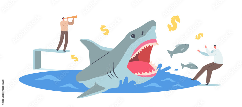 Businessman with Spyglass Looking on Huge Dangerous Shark, Frightened Male Character nearby. Professional Entrepreneurs