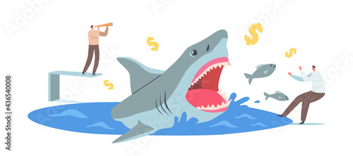 Businessman with Spyglass Looking on Huge Dangerous Shark, Frightened Male Character nearby. Professional Entrepreneurs