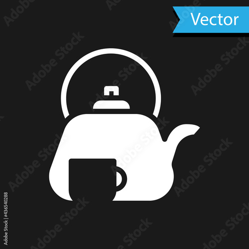 White Traditional tea ceremony icon isolated on black background. Teapot with cup. Vector