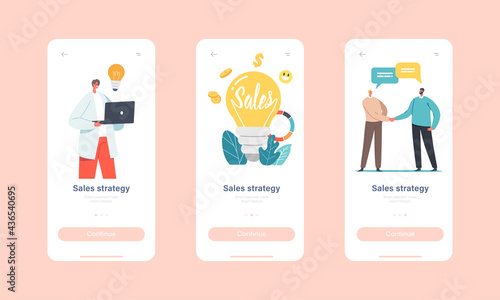 Sales Strategies Mobile App Page Onboard Screen Template. Tiny Businessmen and Businesswomen Characters at Light Bulb