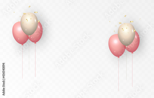 Background with festive balloons. Vector balloons strewn with sparkles, celebration, birthday, confetti, tinsel. Balloons PNG.