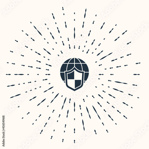 Grey Shield with world globe icon isolated on beige background. Insurance concept. Security, safety, protection, privacy concept. Abstract circle random dots. Vector.