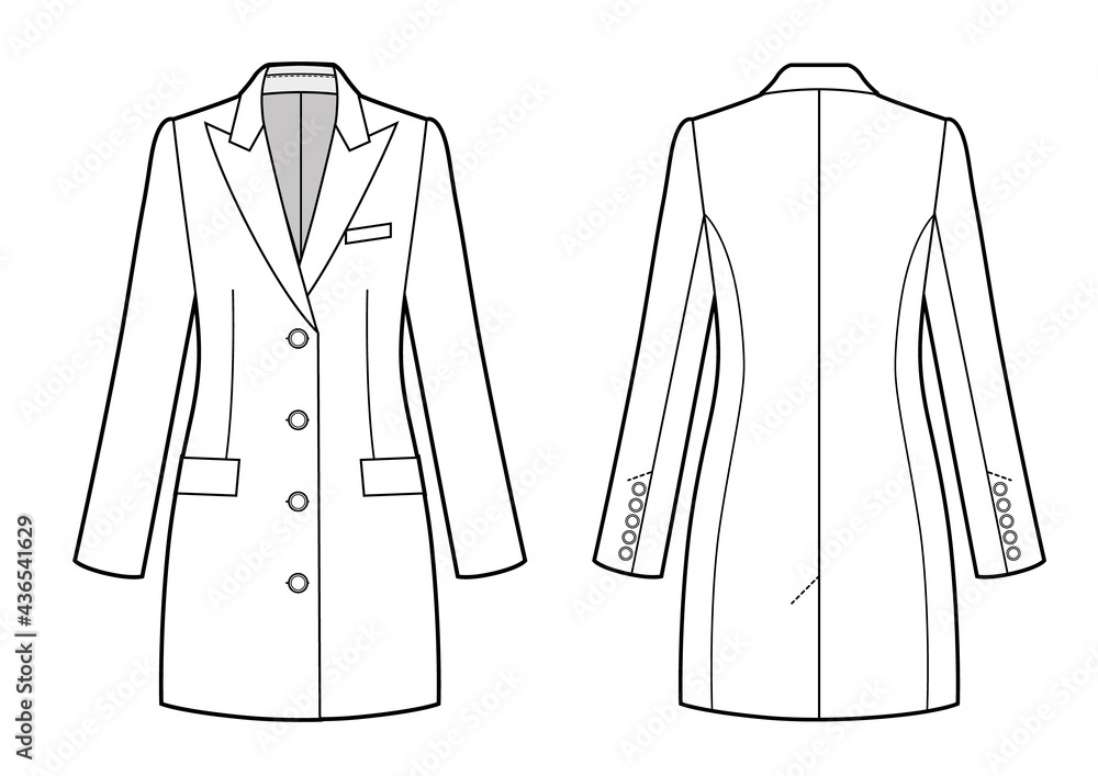 Womans elegant jacket dress, long sleeves, button opening. Flat jacket template front, back, white color. Womans elegant jacket dress, long sleeves, button opening. Flat jacket template front, back, white color.