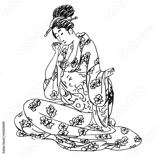 Sitting Japanese girl or geisha in kimono. Hand drawn linear doodle ink sketch. Black silhouette on white background. Isolated vector illustration.
